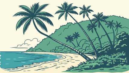 Obraz premium Tropical beach landscape with palm trees and ocean waves tropical paradise