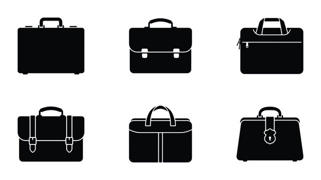 Black Briefcase Icons Set, Business Travel Luggage Vector Collection, Professional Document Cases