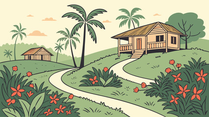 Obraz premium Tropical landscape with wooden house and palm trees tropical landscape