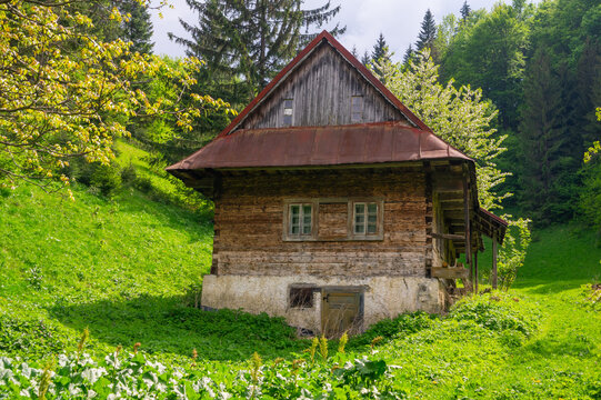 View of the traditional wooden cottage at the former charcoal workers' settlement Moce surrounded by lush green hills and dense forest in Motycky, Banska Bystrica Region, Slovakia.