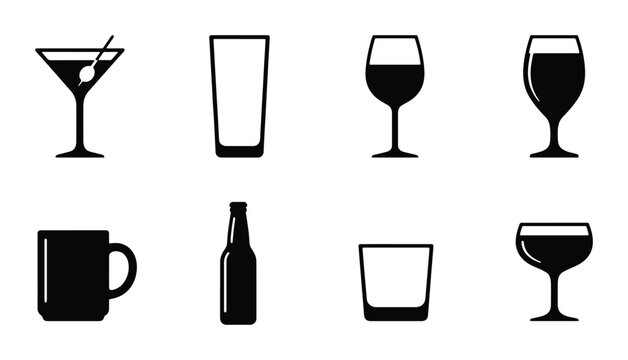 Diverse Drinkware Icons Set: Martini, Highball, Wine, Beer, Mug, Shot Glasses Collection