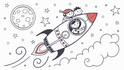 Kids astronauts traveling in rocket ship through space with children, astronaut © khadija