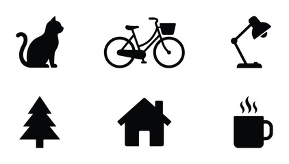 Black Silhouette Icons: Cat, Bicycle, Lamp, Tree, House, Coffee Mug Vector Set © Lamiya