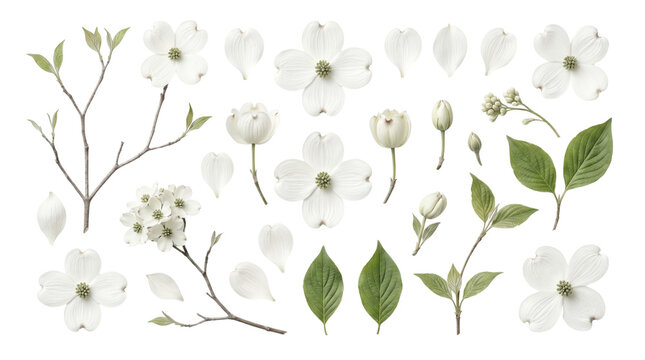Elegant white dogwood flowers and green leaves collection, botanical spring blossom elements, delicate floral branches and petals for wedding design isolated PNG with Transparent Background