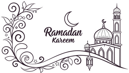 Ramadan kareem islamic greeting card line art with mosque and lantern, crescent © khadija