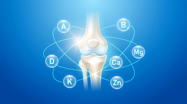 Human knee joint with orbiting vitamin and mineral spheres on blue background bone anatomy