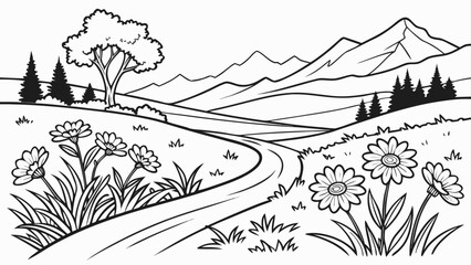 Fototapeta premium Drawing of mountain meadow landscape with flowers landscape mountains