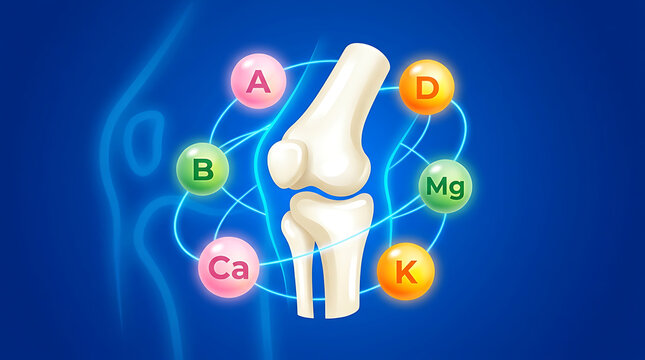 Knee joint bone structure with orbiting vitamin and mineral bubbles femur tibia