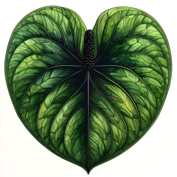 Bold black line art anthurium exotic design showing flat green leaf and dark spadix creating clean sharp minimalist graphic illustration generative AI