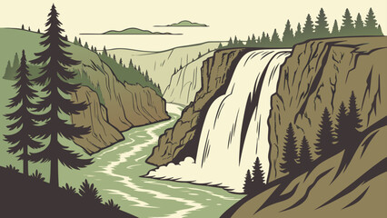 Graphic illustration of a waterfall in a forest canyon with waterfall, landscape © khadija