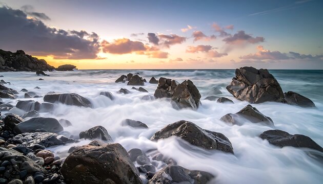 Rocks on a beach at sunset.