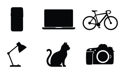 Modern Silhouette Icons: Smartphone, Laptop, Bicycle, Lamp, Cat, Camera Set © Tamanna