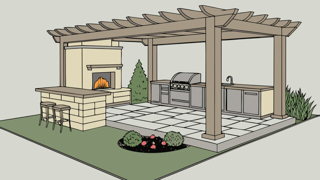 Outdoor kitchen and pergola with built-in fireplace and bbq grill, fireplace