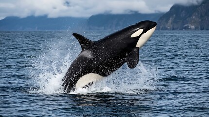 Naklejka premium Orca whale jumping, black and white ocean mammal, aquatic wildlife, sea creature