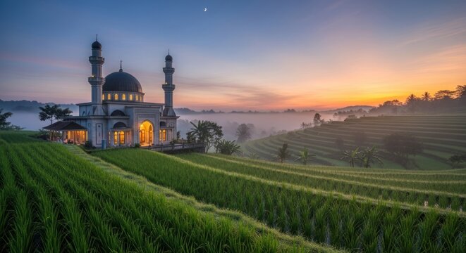 Beautiful Mosque Amidst Lush Green Terraced Rice Fields at Sunrise.