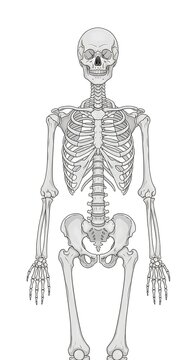 Human skeletal system anatomical illustration front view.