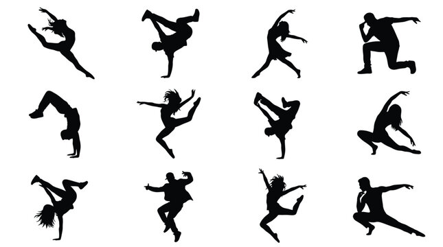 Dynamic black vector illustration set of twelve diverse dancers performing energetic and athletic artistic poses