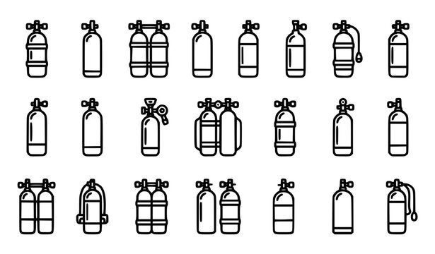 Diving Cylinders Black Outline Icons Set Featuring Scuba Tanks Gas Bottles and Underwater Breathing Equipment
