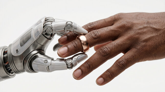 Bionik Bionics Biomechanisch Biorobotics Bioroboter Künstliche Hand Gold Ring auf Menschliche auf Bionische Roboterhand steckt einen Ring an eine menschliche Hand