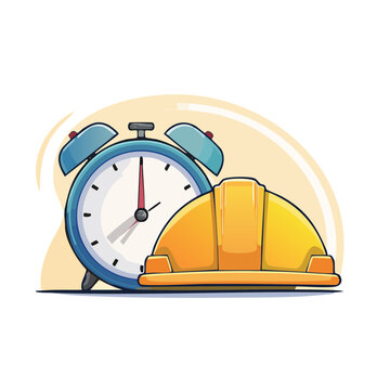 Cartoon alarm clock and yellow hard hat