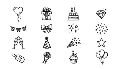 Festive Doodle Icons Set with Heart Balloon Gift Cake and Party Flags Vector © MSTROMICCHA