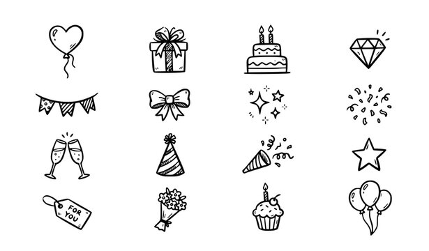 Festive Doodle Icons Set with Heart Balloon Gift Cake and Party Flags Vector