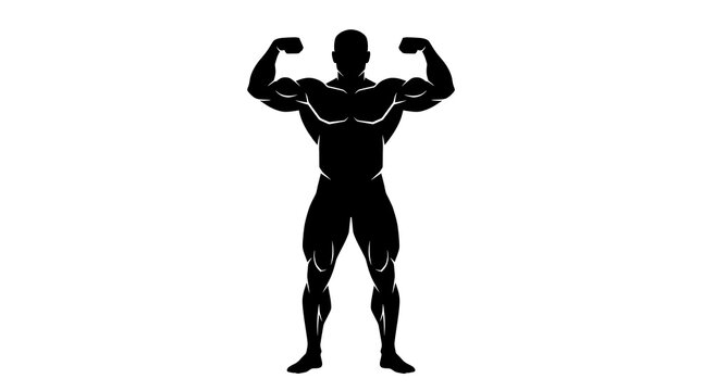 Muscular bodybuilder silhouette flexing biceps and triceps against plain background