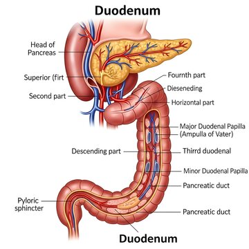 Anatomical diagram of the human duodenum with pancreas.