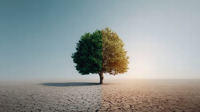 A tree split in half, representing the contrasting effects of climate change.