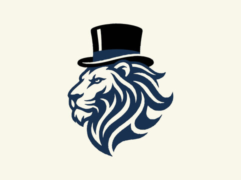 Stylized navy blue lion's head in left profile wearing a black top hat