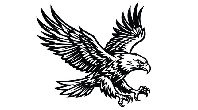 Detailed vector illustration of a powerful bald eagle flying with sharp talons in black white