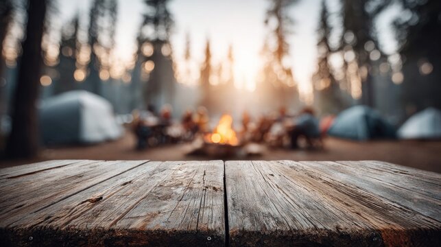 Camping scene with a rustic wooden table in the foreground and a campfire in the background