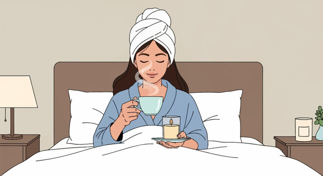 Vector illustration of a woman sitting in bed wearing a blue bathrobe and hair towel, holding a steaming cup of tea and a lit candle for a calming nighttime self-care routine.