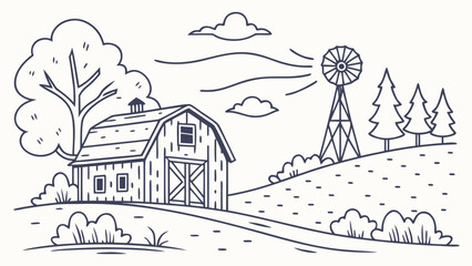 Rural farm landscape with windmill and barn sketch windmill countryside © Golap