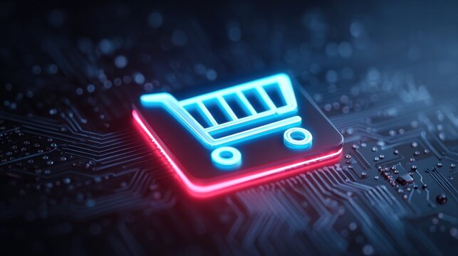 Neon shopping cart icon on a circuit board, symbolizing online retail.