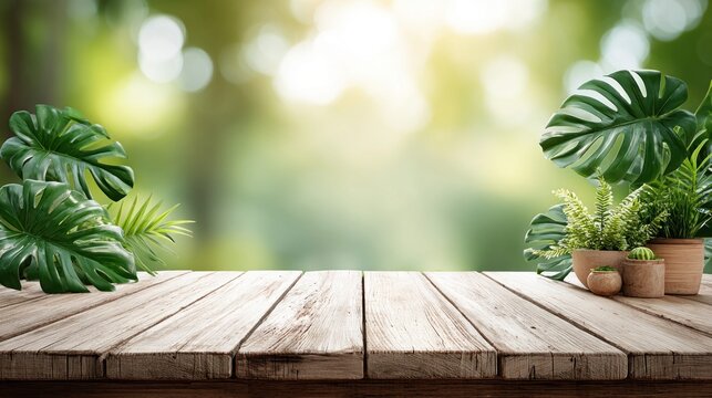 Wooden table with tropical plants and a blurred green background