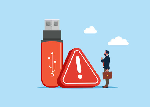 Flash disk with exclamation attention sign. USB flash is an old medium to store information on computers. Error USB flash. Flat vector illustration.