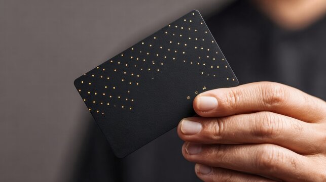 A person holding a black business card with golden dots.