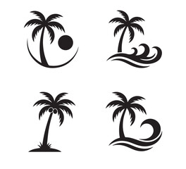 Obraz premium Elegant collection of diverse palm tree silhouette vector icons, ideal for tropical paradise designs, summer vacation branding, and serene island resort logos