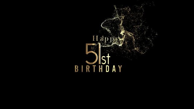 Happy 51st birthday banner with gold particles and transparent background, alpha channel
