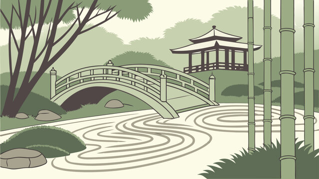 Zen garden with arch bridge and raked sand raku patterns illustration, pavilion