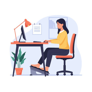 Flat vector illustration of a woman sitting at a modern desk using a computer while placing her bare feet on an ergonomic footrest for better posture and comfort at work.