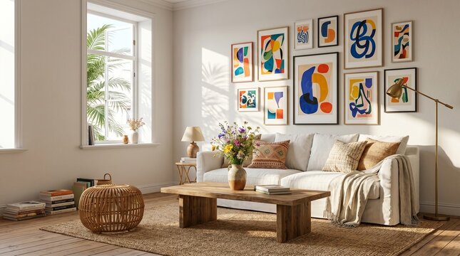 Bright Summer Living Room with Colorful Abstract Gallery Wall Art
