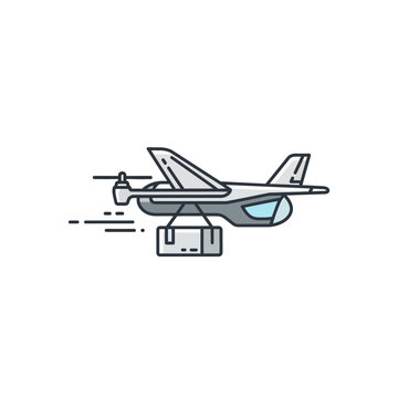 Fixed-wing delivery drone plane carrying package for long-range transport.