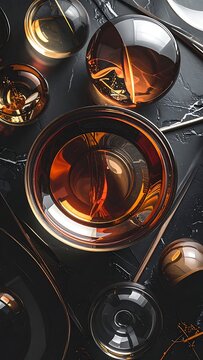 Whiskey glasses on a wooden table.