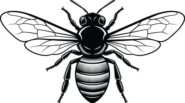 Detailed black and white vector illustration of a honey bee with intricate wings and body