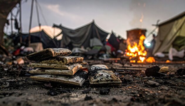 Pile of burnt ration packets with a camp and fire in the background, symbolizing scarcity and survival.