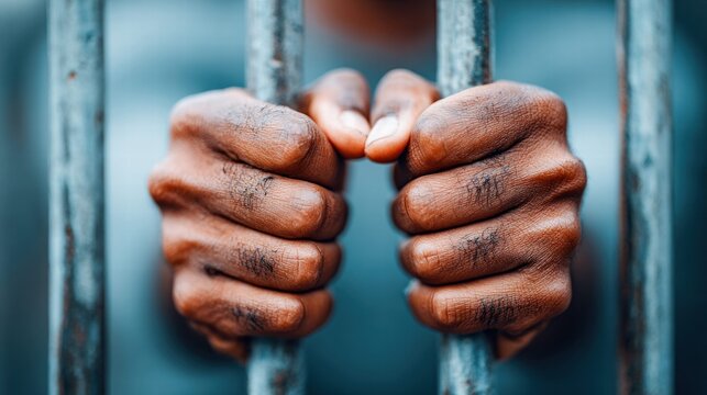 Hands gripping prison bars, symbolizing captivity and confinement.