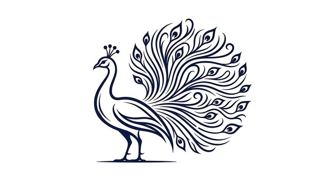Stylized blue line art peacock with fanned tail on white background