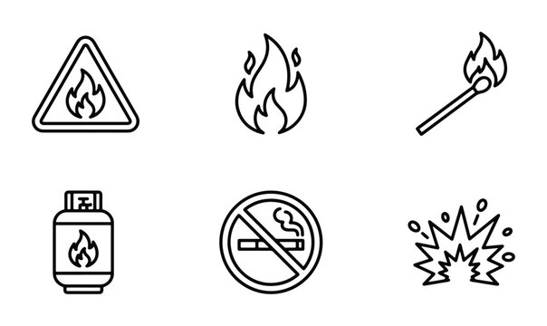 Fire Safety Icons Set, Flammable Gas Warning, Danger Symbols, Explosion Hazard, No Smoking Sign